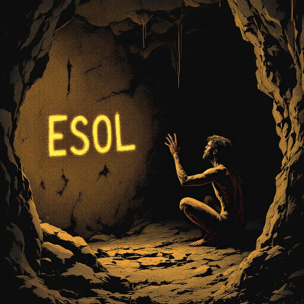 caveman looking at ESOL word